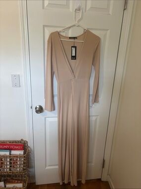 Twist front plunge wide leg jumpsuit - beige